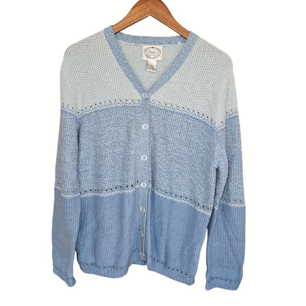 Vintage Stitches In Time Blue Open Knit Cardigan Cottagecore Womens Large